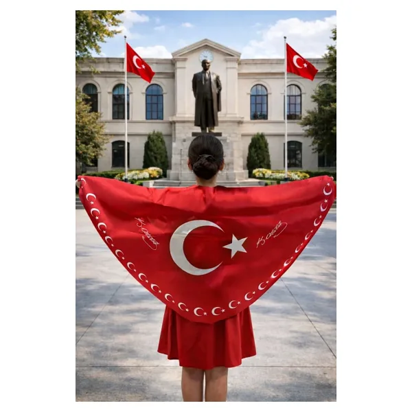 Tarzını Seç Tarzını Seç Ayyıldız Atatürk İmzalı Türk Bayraklı Pelerin Gösteri Kostümü 145X73Cm
