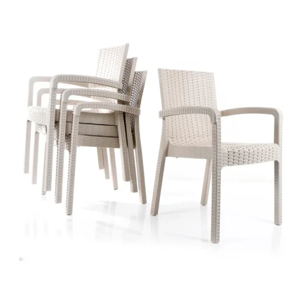 Violet Rattan Sandalye Takımı 4 Kişilik Kollu Koltuk Bahçe Balkon Teras Sandalyesi - Krem
