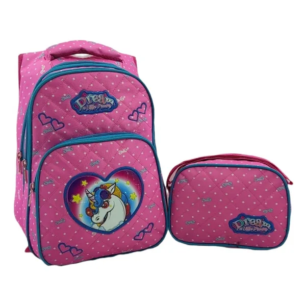 Waddell 5004 Benekli Unicorn Desenli Pembe Beslenme + İlkokul Sırt Çantası