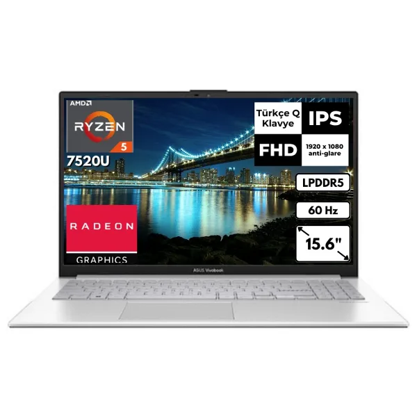 Asus Vivobook Go 15 R5 7520U 8 GB 4 Tbssd Radeon Graphics 15.6" Fhd Windows 11 Home E1504FA-NJ115AT10