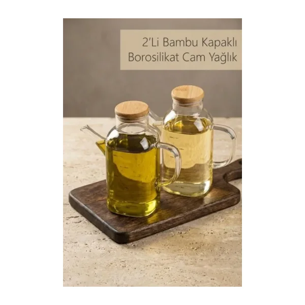 Atbyhome 2'Li Bambu Kapaklı Borosilikat Cam 600 ML Yağlık Seti