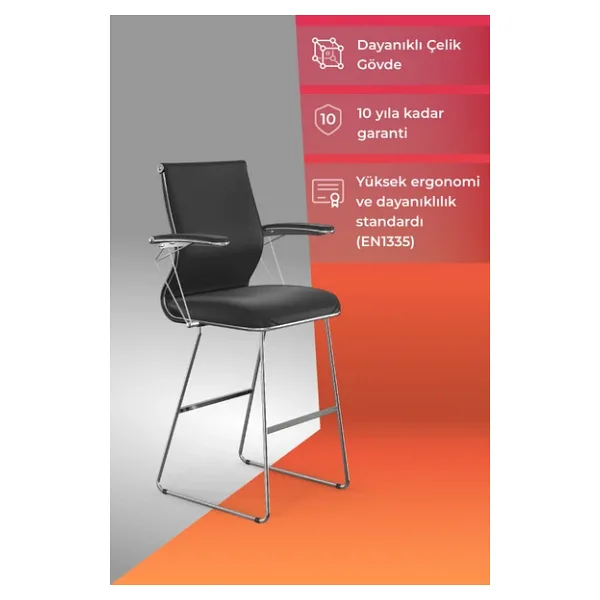 Ergolife Sit 10 Sandalye Krom Ayaklı, Deri Kaplama, Siyah, Bar Sandalyesi -178.22.1.778