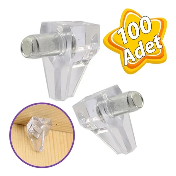 Kristal Raf Pimi Şeffaf Cam Ahşap Metal Raf Tutucu Çivisi Mobilya Dolap Pimi (100 Adet)