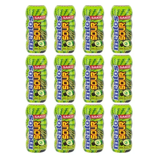 Mentos Sour Yeşil Elma Aromalı Şekersiz Tatlandırıcılı Ekşi Draje Sakız 30 g X 12 Adet