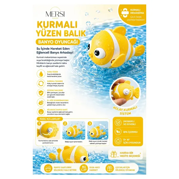 Mersi Shop Kurmalı Yüzen Balık Banyo Oyuncağı Su Içinde Hareket Eden Bebek ve Çocuk Banyo Oyuncağı - Sarı