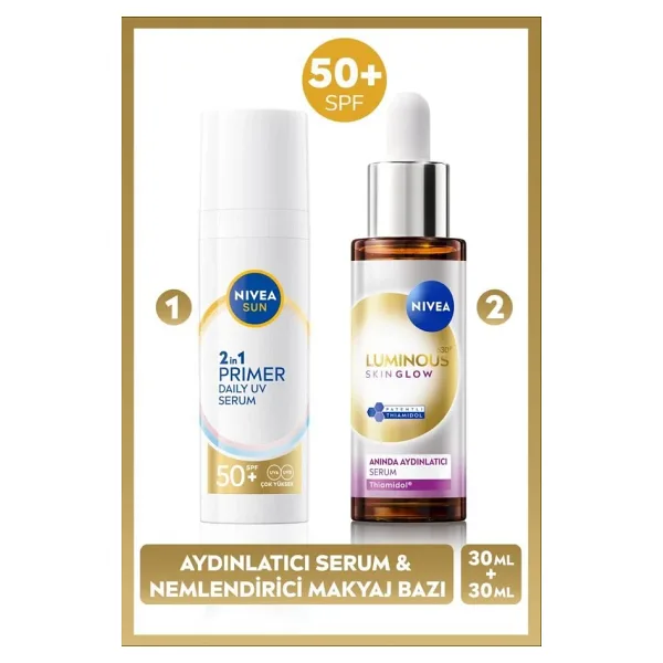 Nivea SUN SPF50 Primer Nemlendirici Makyaj Bazı 30ml ve Luminous630 Skin Glow Aydınlatıcı Cilt Serum 30ml