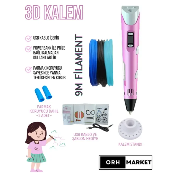 ORH Market Pembe 3d Kalem 3d Pen Yazıcı Kalem - 3 Adet 3 Metrelik Pla Filament (TOPLAM 9M) Usb Kablo