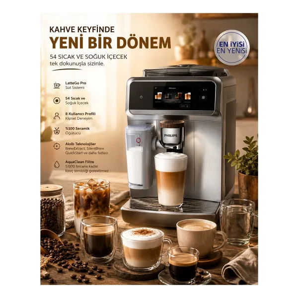 Philips 8000 Serisi Lattego Pro Kahve Makinesi Evde Kafe Kalitesi 54 Farklı Sıcak ve Soğuk Içecek Silentbrew Teknolojisi ile Daha Sessiz