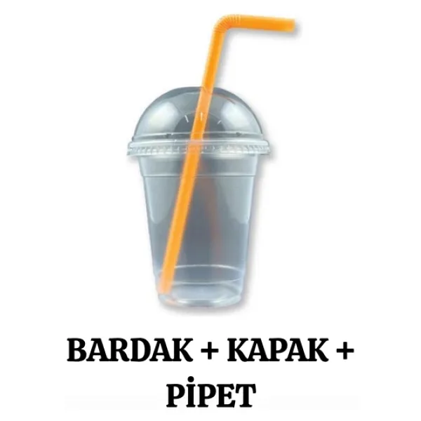 Plastik Milkshake Bardağı Pipetli Kapaklı 100'Lü İçecek Şeffaf 350 Cc(Ml) Meşrubat Bardağı Cup