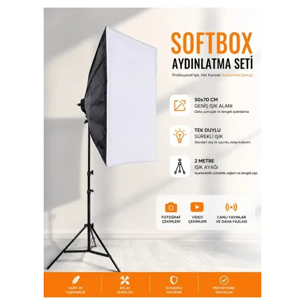 Rabsev Softbox Aydınlatma Seti 50x70 cm 2 Metre Işık Ayağı Fotoğraf Video YouTube Canlı Yayın