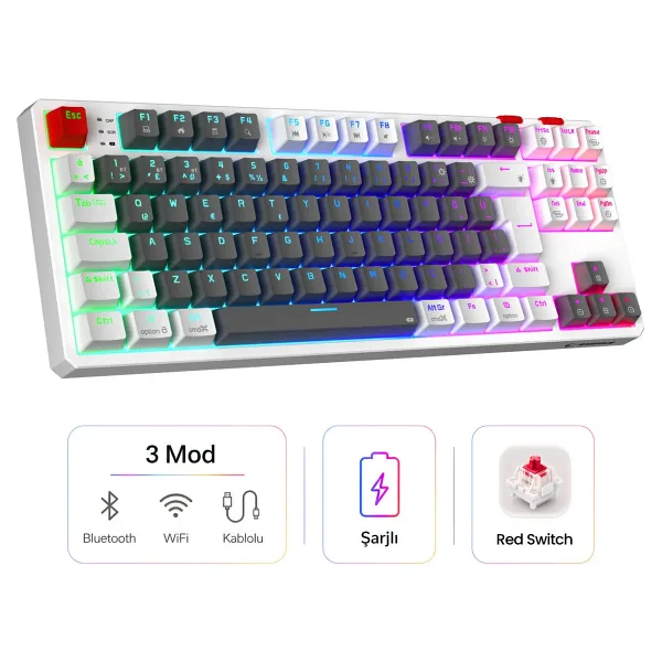 Rampage Yoru Pro RGB TKL Red Switch Kablolu/Kablosuz Mekanik Oyuncu Klavyesi