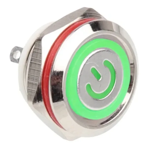 WD12C1-Pin-P1-EC 12mm Düz Yaylı Işıklı Metal Buton - Yeşil