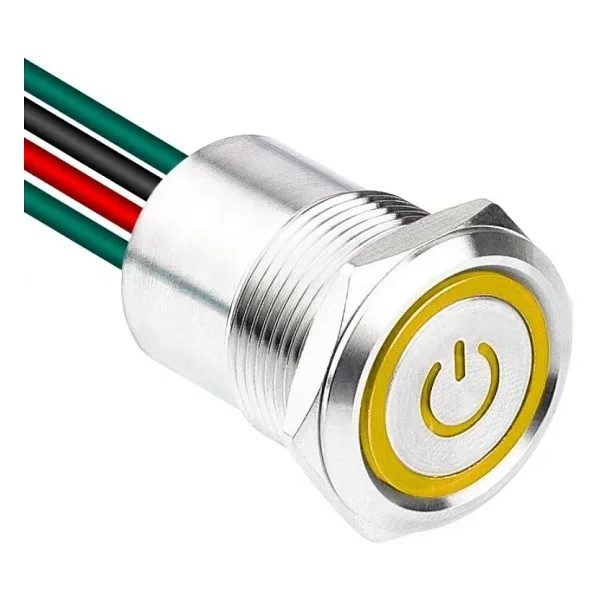 WD19D1-P2Z-EC 19mm Düz Anahtarlı Işıklı Power Kablolu Metal Buton - Sarı