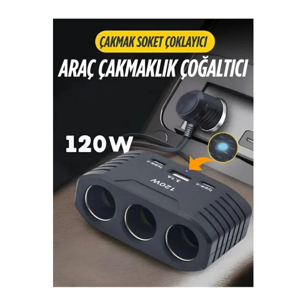 3 lü Çakmak Soketi 120W Çakmaklık Çoğaltıcı 2 Usb 1 Type-c Araç Şarj Cihazı Çakmak Çoklayıcı