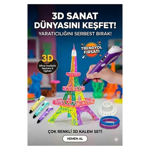 3D Kalem Seti (Mor) Dijital Göstergeli + 3 Renk Filament Hediyeli Eğitici Yazıcı Abs/Pla Uyumlu
