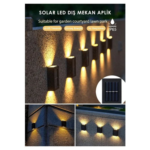 4 Ledli Solar Çift Taraflı Duvar Lambası Güneş Enerjili Aydınlatma Dekorasyon Aplik Işık