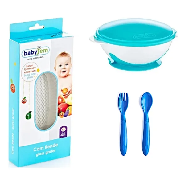 Babyjem Cam Rende + Vakumlu Mama Tabağı Mavi + Mama Kaşık Çatal Takımı Mavi