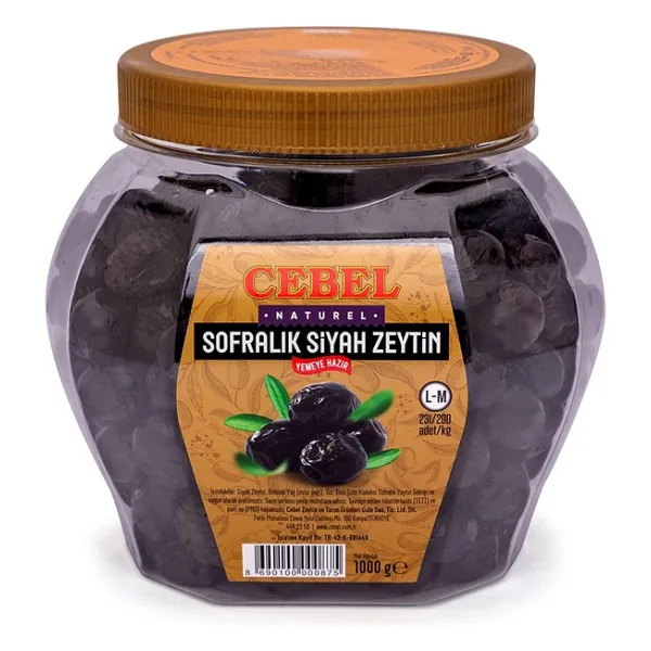 Cebel Sofralık Siyah Zeytin L-M 231-290 Kalibre 1000 gr Pet Doğal ve Katkısız Lezzet - 1 kg