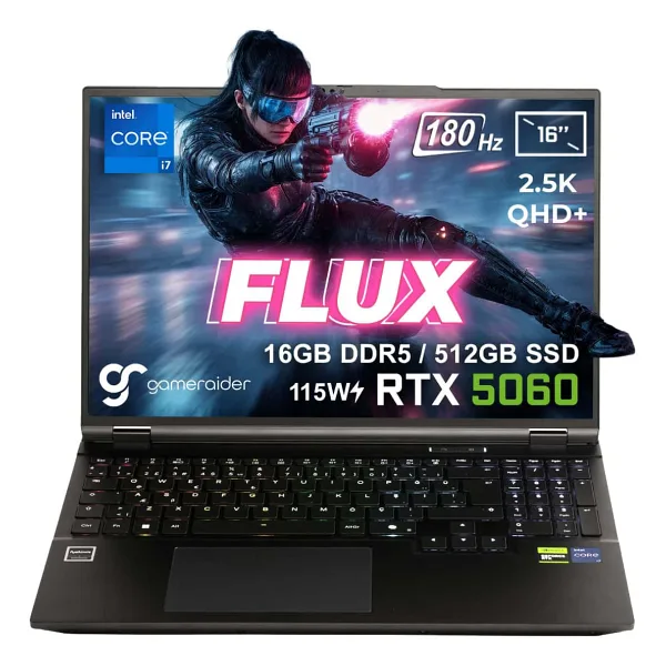 GameRaider FLUX GR16 Intel Core i7-14650HX GeForce RTX 5060 8GB 115W 16GB DDR5 512GB SSD 16 inç 2.5K QHD+ 180Hz FreeDos Gaming Laptop - Çanta Hediyeli