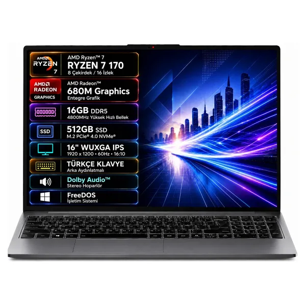 LENOVO IdeaPad Slim 3 16ARP10 83K800DKTR-02 AMD Ryzen 7-170 16GB 512GB SSD 16 IPS Freedos