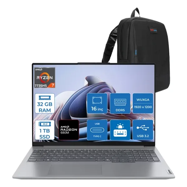Lenovo Thinkbook 16 G7 Arp Amd Ryzen 7 7735HS 32GB Ddr5 1tb SSD Radeon 680M Graphics 16" Wuxga 300NITS IPS Freedos Taşınabilir Bilgisayar 21MW002CTRF13 + Zetta Çanta - 1 TB - 32 GB