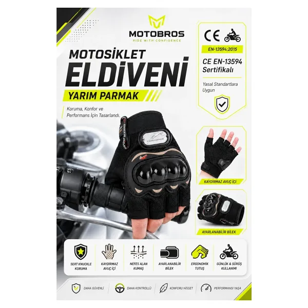 Motobros Motosiklet Eldiveni Motorcu Eldiveni Parmaksız Yazlık Yarım Avuç İçi Kaydırmaz Korumalı PR120S CE EN-13594 Sertifikalı