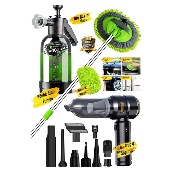 PROXCLEAN Premium Turbo Vakumlu Kablosuz Mini Araç Süpürgesi Köpük Atan Pompa Teleskopik Mikrofiber Takım