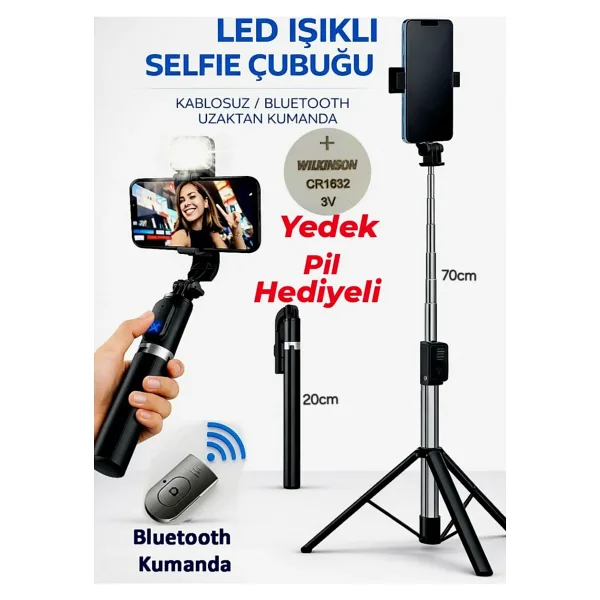 sa-na port Led Işıklı tripot ve Selfie Çubuğu Bluetooth Kumandalı Kablosuz Selfie Stick 20 cm ile 70 cm