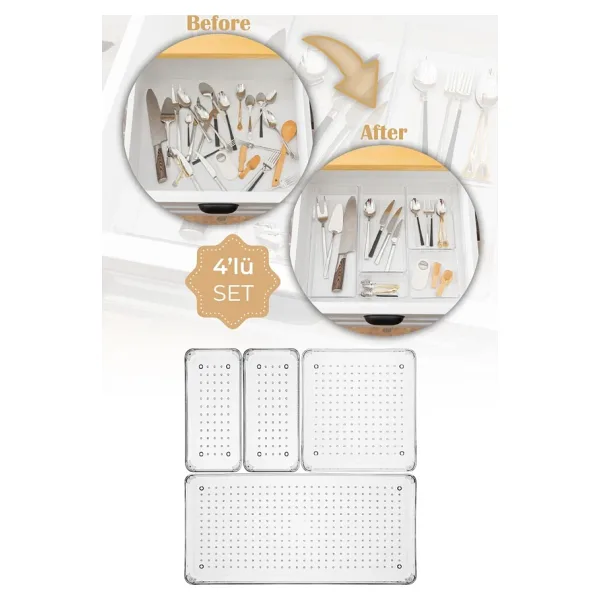 Vienev 4lü Şeffaf Çekmece Içi Düzenleyici Organizer 1x(B.DKDRTGN, B.KARE) 2x(K.DKDRTGN)