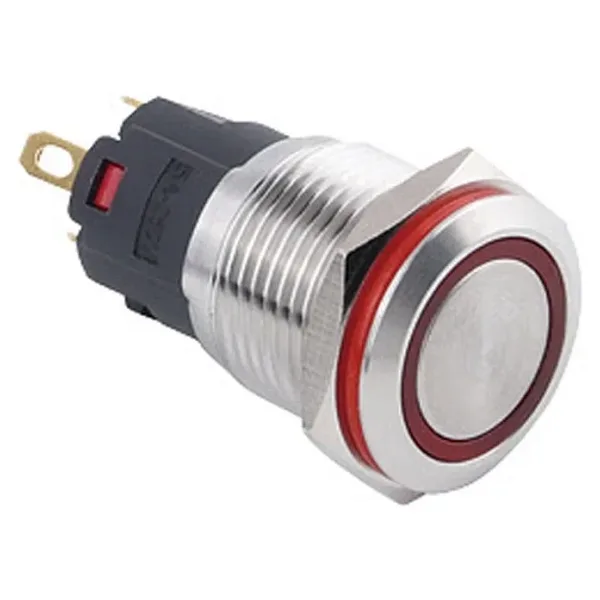 WD16A-P1-E 16mm Düz Yaylı Işıklı Metal Buton - Kırmızı