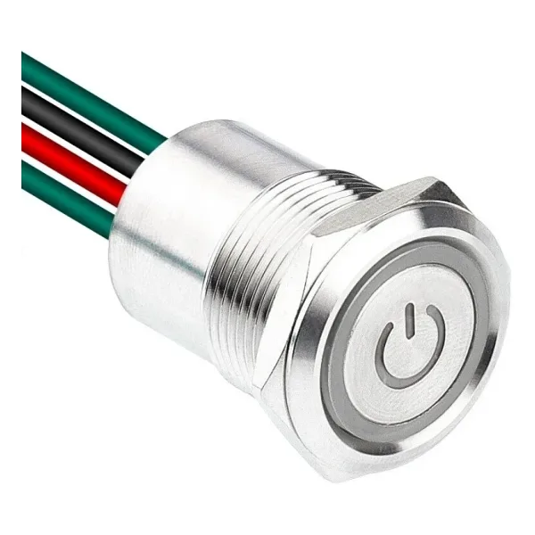 WD19D1-P2-EC 19mm Düz Yaylı Işıklı Power Kablolu Metal Buton - Beyaz
