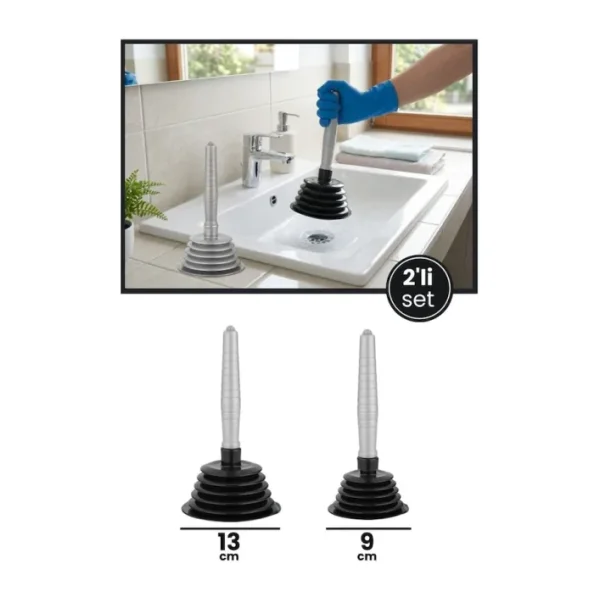 2'Li Körüklü Vantuz Pompa Seti, Büyük + Küçük Mutfak Banyo Lavabo Küvet Gider Açıcı El Pompası Siyah