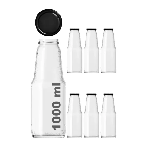 Afracam 1000 cc Şeffaf Meyve Suyu, Limonata Şişesi Metal Konserve Kapaklı 1000 ml Yuvarlak Cam Şişe 6 Adet - 1 lt