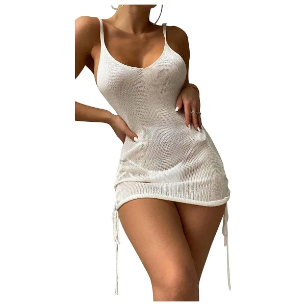 Angelsin Yandan Büzgülü Örme Plaj Elbisesi Pareo Cover Up Kimono Beyaz