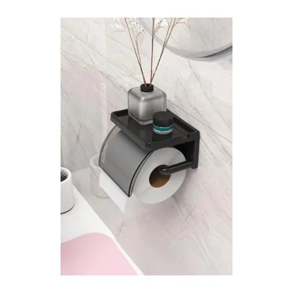 ATA HOME Yapışkanlı Kapaklı Tuvalet Kağıdı Askısı Banyo Tuvalet Kağıtlığı Aparatı Peçetelik Organizer Plastik, Siyah
