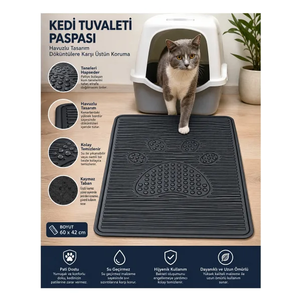 Black Gold Kedi Kumu Paspası 60X42 Havuzlu Kaymaz Yıkanabilir Kedi Tuvalet Altlığı Döküntü Önleyici Mat - Siyah
