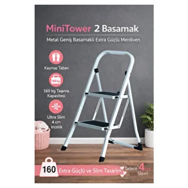 Ertekpa Minitower 2 Basamaklı Metal Merdiven - Ekstra Güçlü 160 kg Kapasiteli Beyaz