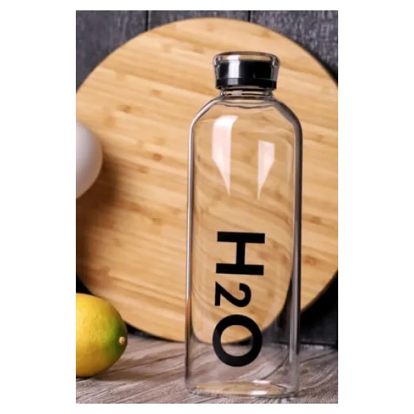 H2O Borosilikat Cam Matara Vakum Kapaklı Su Şişesi Suluk Siyah 1000 ml