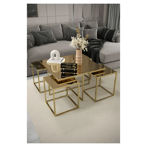Home Plus Mobilya 4+1 Gold Kaplama Bronz Ayna Orta Sehpa