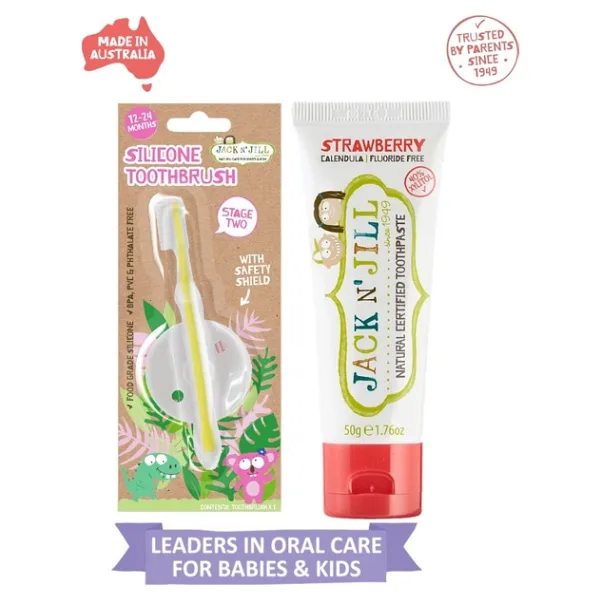 Jack N Jill Diş Fırçalama Seti (Silikon Diş Fırçası + Çilek Aromalı Macun 50G)
