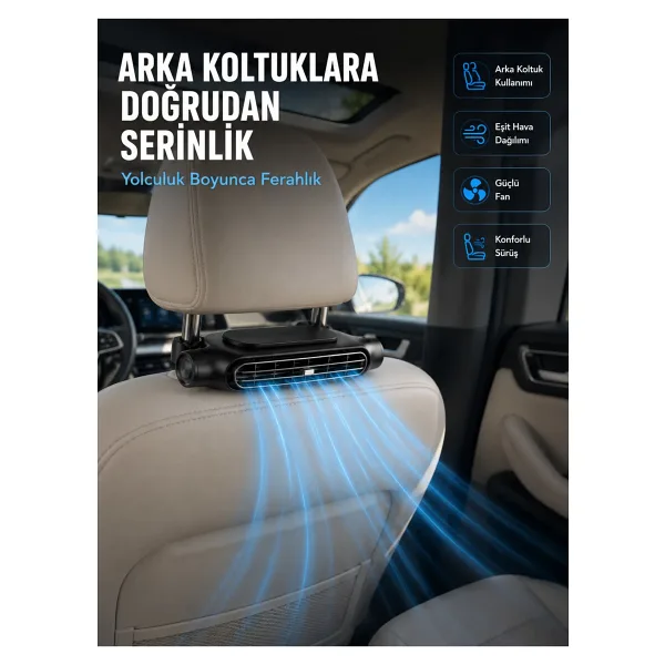 Koltuk Başlığına Takılan Araç Soğutucu Fan Ayarlanabilir 3 Hız Kademeli - Lisinya
