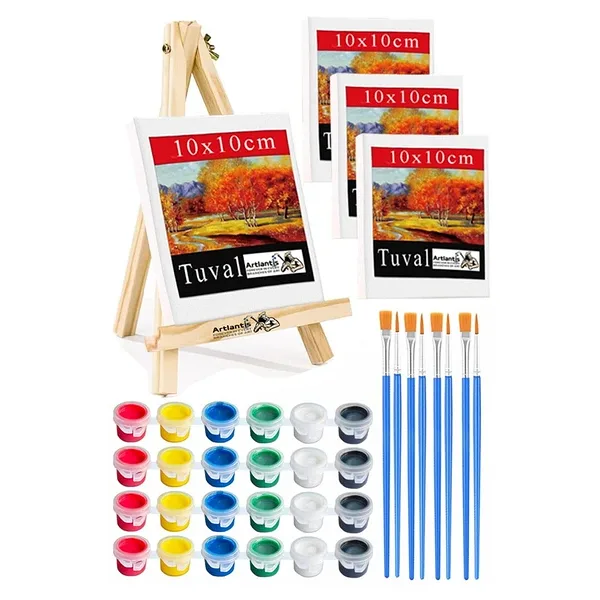 Mini Şövale 10X10 Cm Tuval 3 Ml Akrilik Boya 6 Renk Ve Fırça 4 Adet 10X10 Mini Tuval Masaüstü Küçük Şövale Boyama Seti