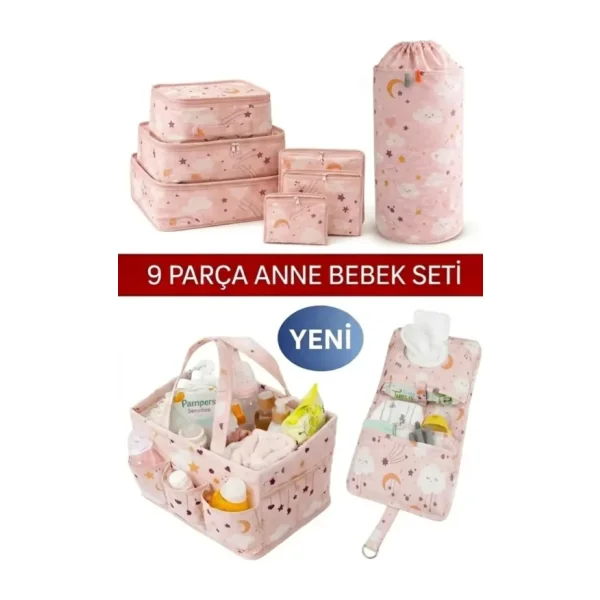 MorPort Lüx 9 Parça Anne Bebek Seti - Çamaşır Sepeti, Bebek Çantası, Alt Açma Çantası, 6'lı Valiz Organizeri