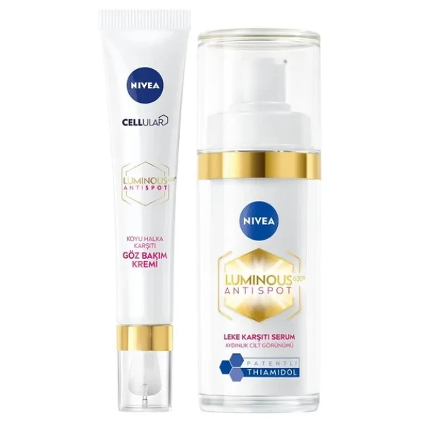 NIVEA Luminous630 Leke Karşıtı Cilt Serumu 30ml, Hyaluronik Asit, E Vitamini, Cilt Tonu Eşitleyici ve NIVEA Luminous630 Koyu Halka Karşıtı Göz Kremi 15ml