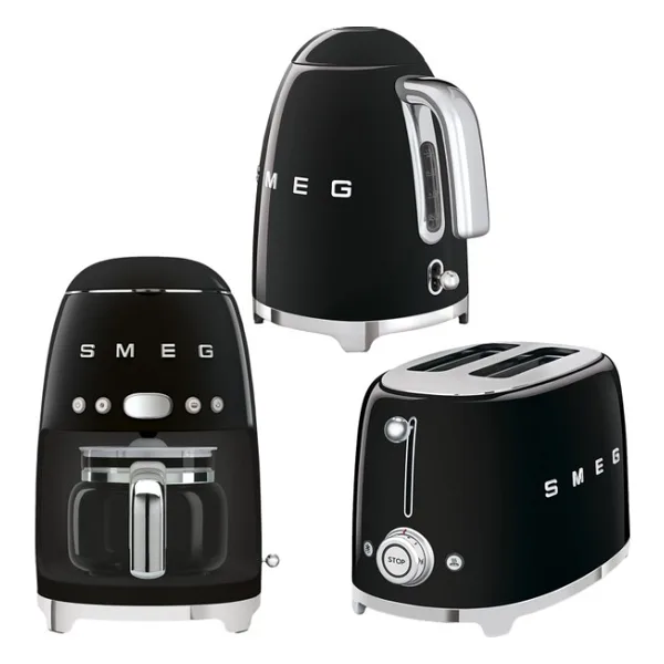 Smeg 50's Style Siyah Kettle - Ekmek Kızartma ve Filtre Kahve Makinesi Seti ile Retro Şıklık