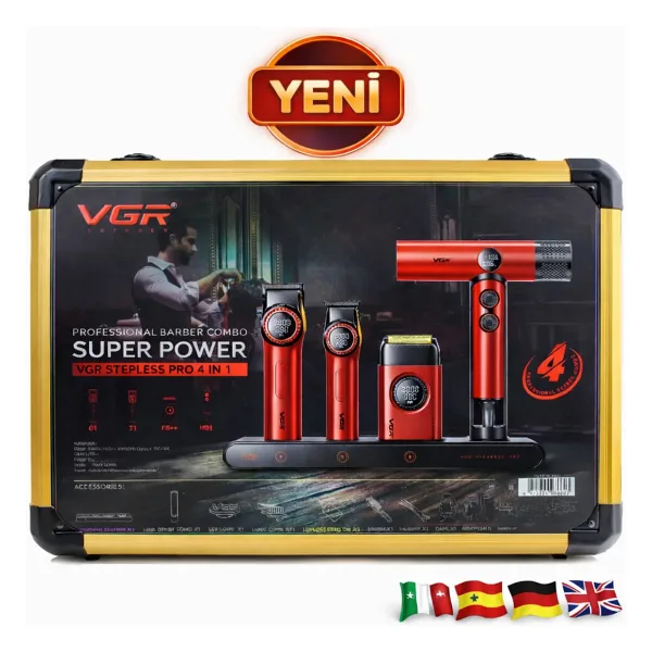 Vgr Combo 4'lü Set Stepless Pro 4'ü 1 Arada High-End Saç Kesme Makinesi ve Iyonize Fön Makinesi
