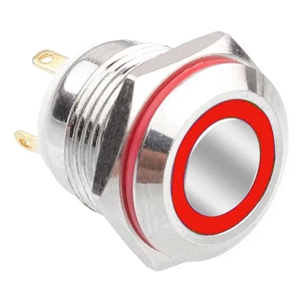 WD16H-P1-E 16mm Düz Yaylı Işıklı Metal Buton - Kırmızı
