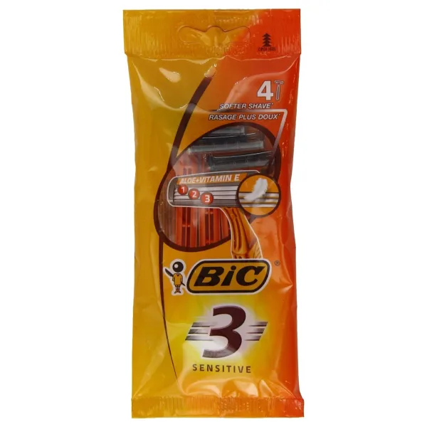BIC 3 Sensitive Erkek Tıraş Bıçağı 4'lü Poşet (1 x 4 Adet), 3 Bıçaklı, Aloe Vera ile Zenginleştirilmiş Kayganlaştırıcı Jel Şerit