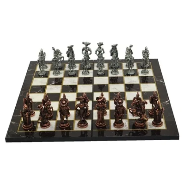 Gifthome, Metal Satranç Takımı/Seti; Battal,İspanyol,Antik, Kat.Mermer Desenli Satranç Tahtası