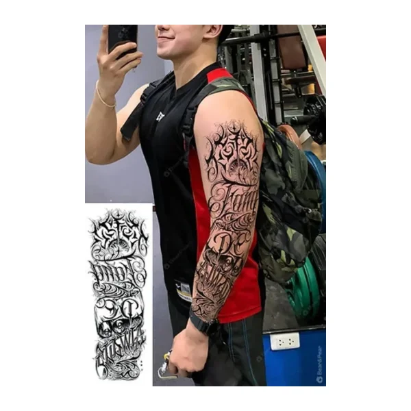 Gotik Yazılı Tam Kol Kaplama Geçici Dövme - 48 cm Suya Dayanıklı Tattoo